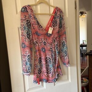 Love Tree Pink and Blue Paisley V-Neck Romper